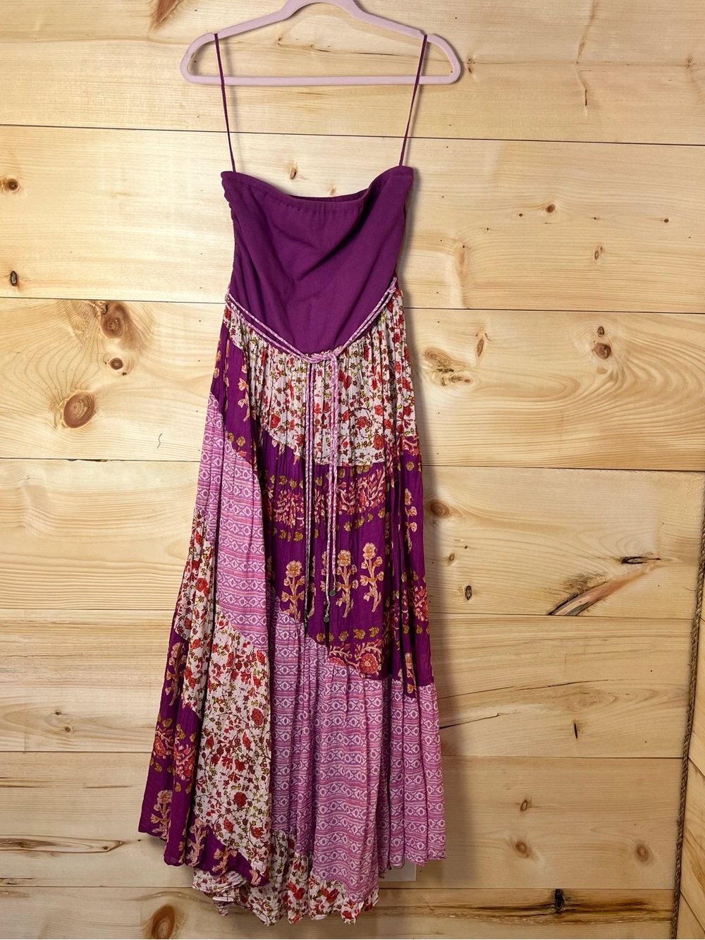 Free People Tiered Convertible Tube Maxi Dress in Purple & Pink Patchwork Boho - Picture 2 of 8